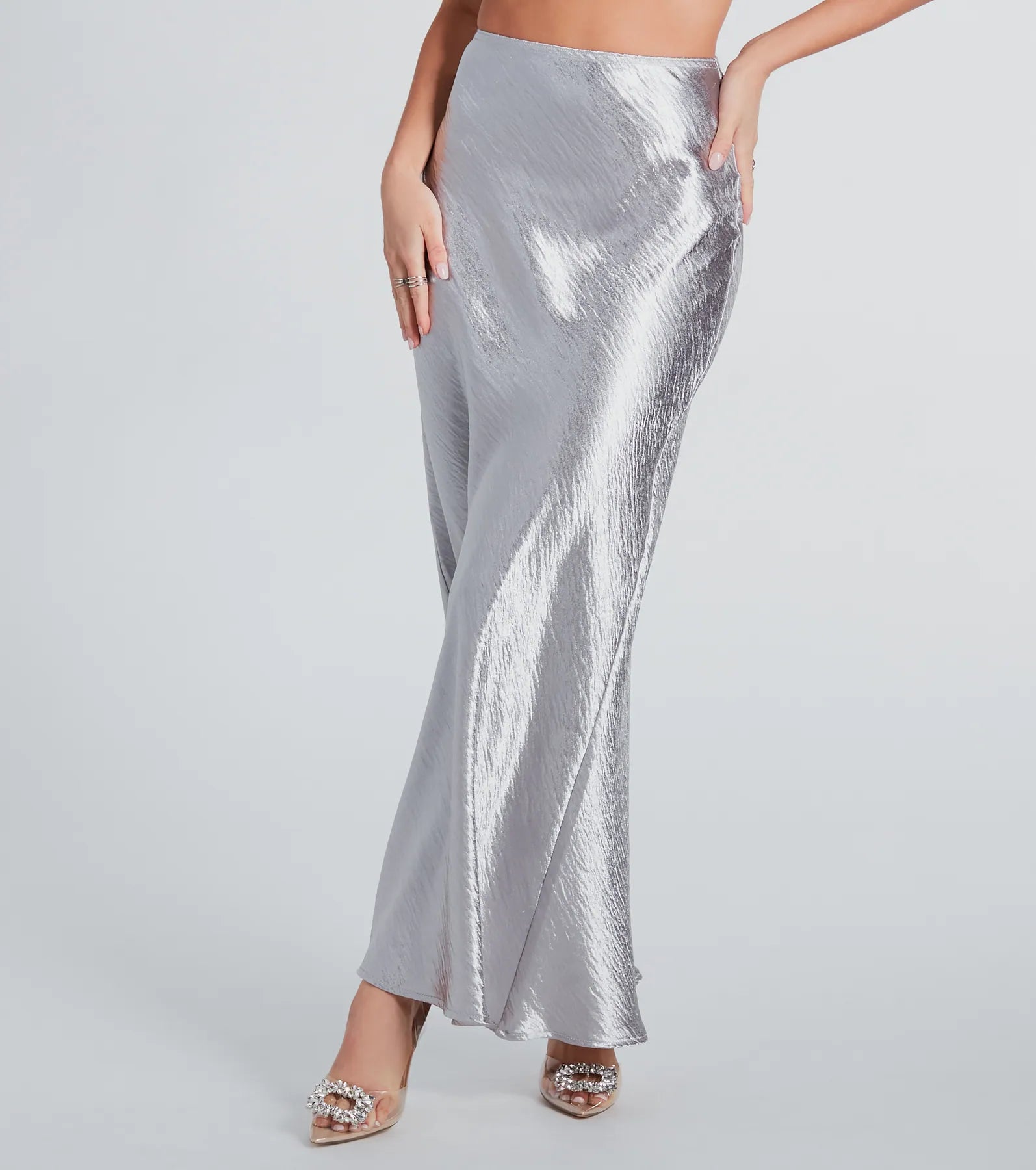 Iconic Sheen Crinkle Satin Maxi Skirt button skirt front