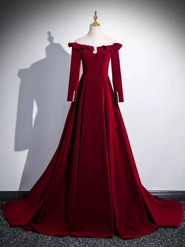 A-line Wine Red Velvet Long Sleeves Low Back Prom Dress, Wine Red Party Dress Tunics Print Colorful A-line Wine Red Velvet Long Sleeves Low Back Prom Dress, Wine Red Party Dress Tunics Print Colorful
