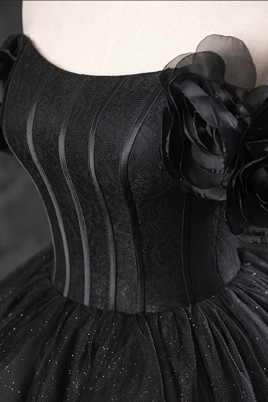 Black Tulle Floor Length A-Line Prom Dress, Off the Shoulder Evening Party Dress Tunics Top Casual Black Tulle Floor Length A-Line Prom Dress, Off the Shoulder Evening Party Dress Tunics Top Casual