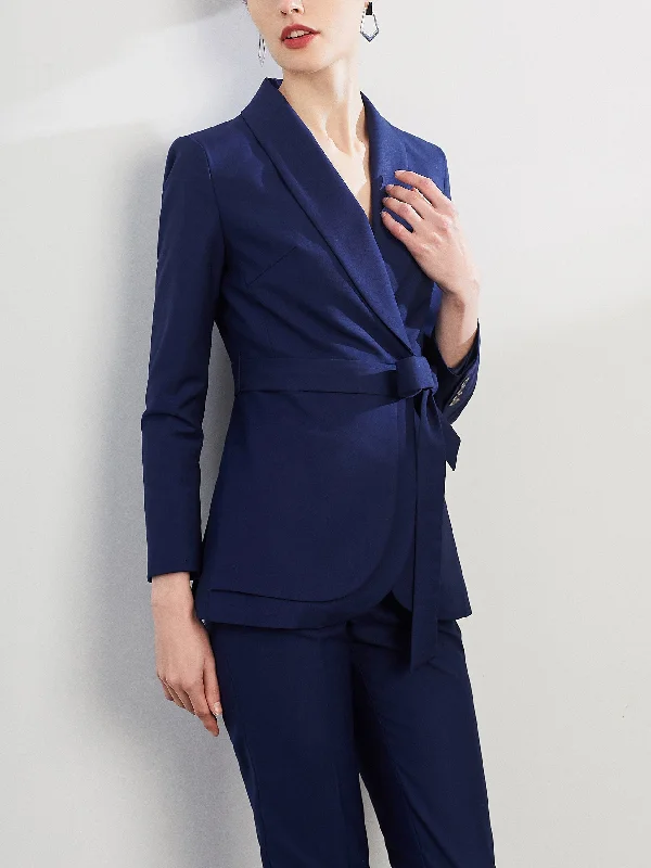 2 Piece Navy Single Buttons Notch Lapel Slim Fit Women's Suit (Blazer+Pants) Soft Cotton Pants