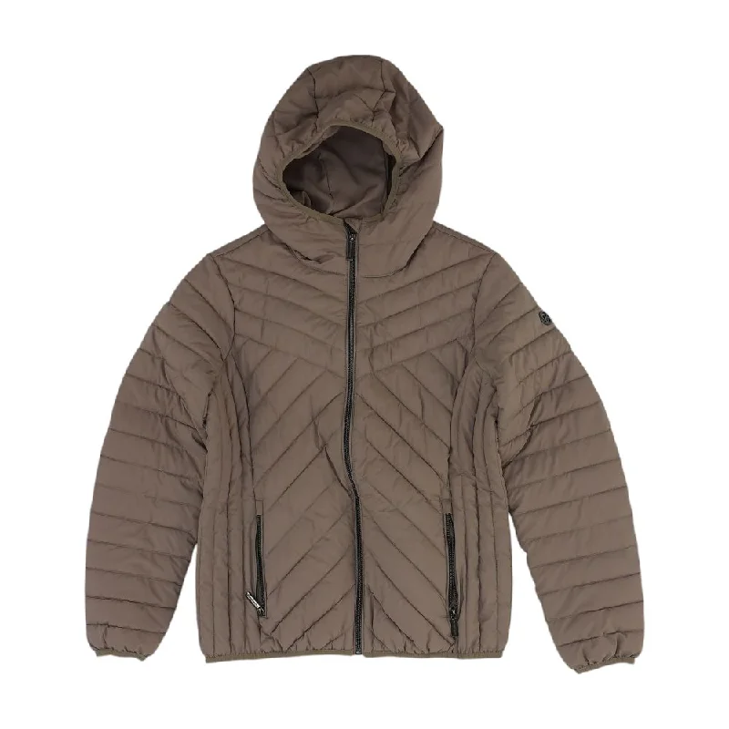 Tan Solid Puffer Jacket Snapped Jacket Toggled Jacket Drawstring Jacket