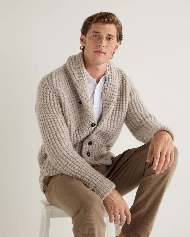 Men's Textured Kensington Cashmere Cardigan Sand Brown Satin Blend Silk Blend Wool Blend