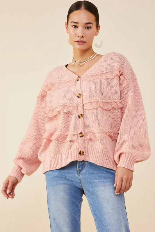 Lace Frilled Buttoned Sweater Cardigan Cotton Fabric Linen Fabric Terry Fabric