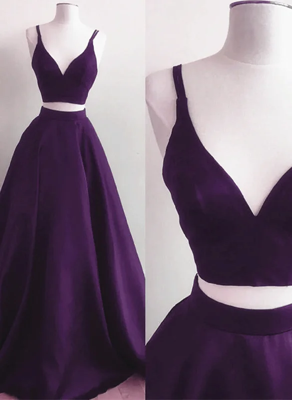 Purple Satin Two Piece Long Party Dress, A-line Purple Evening Dress Prom Dress Tunics Satin smooth Purple Satin Two Piece Long Party Dress, A-line Purple Evening Dress Prom Dress Tunics Satin smooth