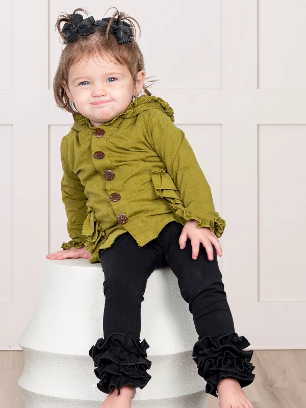 Cotton Ruffle Hooded Cardigan - Multiple Colors Welt Pockets Slit Pockets Flap Pockets Cotton Ruffle Hooded Cardigan - Multiple Colors Welt Pockets Slit Pockets Flap Pockets