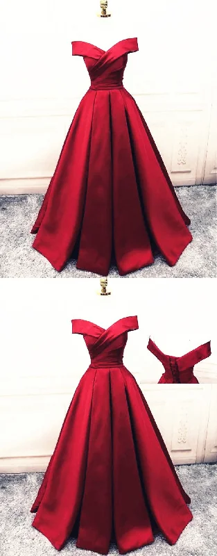 Fashionable Dark Red Satin Simple Off Shoulder Prom Dress, Red Party Dress Evening Dress Tunics Floral girly Fashionable Dark Red Satin Simple Off Shoulder Prom Dress, Red Party Dress Evening Dress Tunics Floral girly