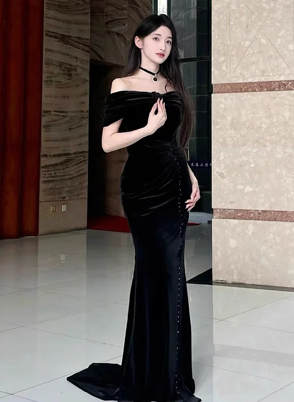Black Velvet Mermaid Off Shoulder Long Party Dress, Black Velvet Prom Dress Tunics Recommended stylist