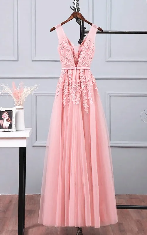 Pink Tulle A-line Simple Long Party Dress, A-line Prom Dresses Evening Dress sweetheart Neckline Romantic Pink Tulle A-line Simple Long Party Dress, A-line Prom Dresses Evening Dress sweetheart Neckline Romantic