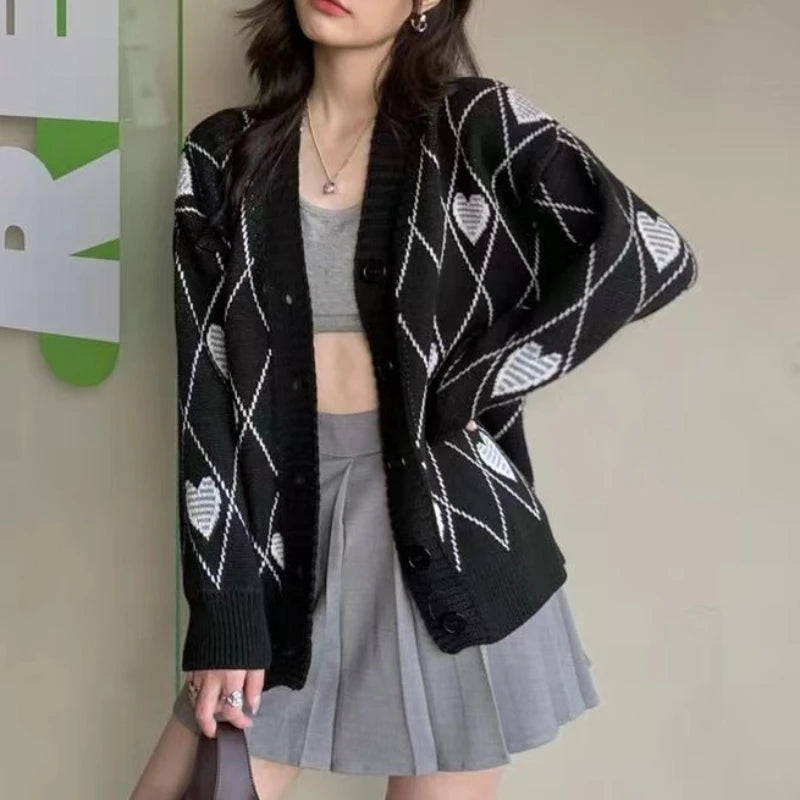 Heart Argyle Knit Sweater - Chic Long Sleeve Cardigan Machine Wash Dry Clean Hand Wash Heart Argyle Knit Sweater - Chic Long Sleeve Cardigan Machine Wash Dry Clean Hand Wash