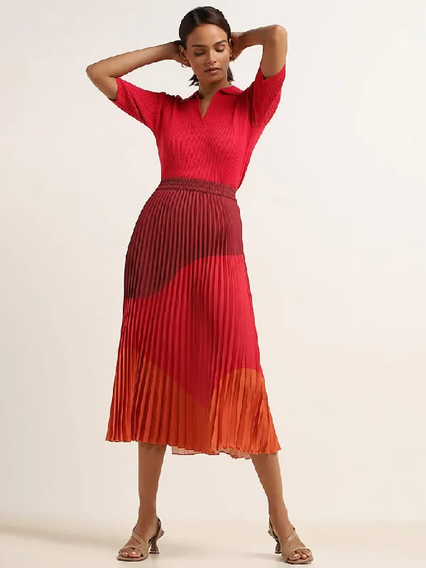 Wardrobe Pink Color-Block Pleated Midi Skirt chiffon skirt airy