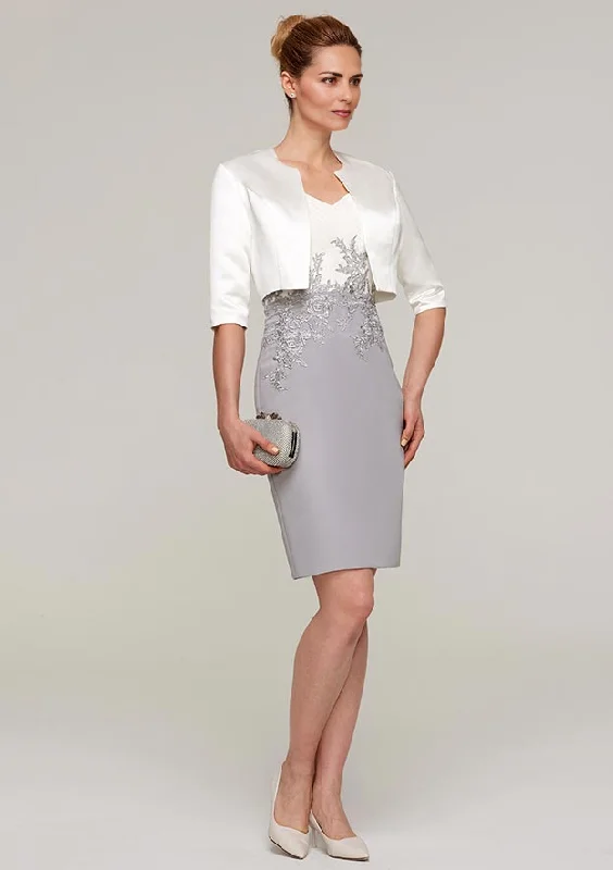 Sheath/Column V Neck Short Sleeve Knee-Length Chiffon Mother of the Bride Dress With Jacket Appliqued Knit Jacket Woven Jacket Fleece Jacket Sheath/Column V Neck Short Sleeve Knee-Length Chiffon Mother of the Bride Dress With Jacket Appliqued Knit Jacket Woven Jacket Fleece Jacket
