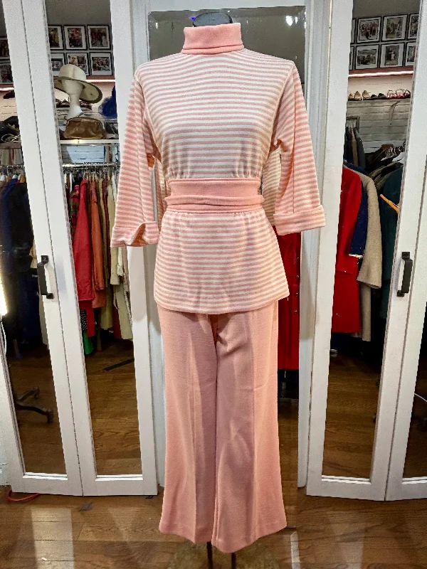 70’s Pink Stripe Top 2 Piece Pant Set By R&K Knit Size 14 Relaxed Linen Pants