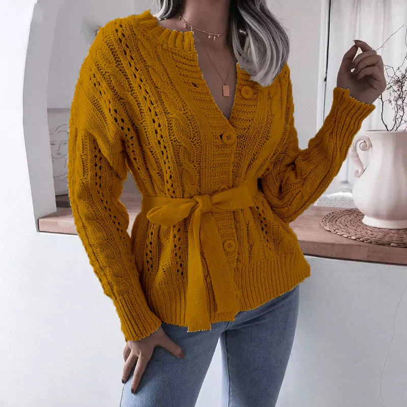 Twisted Buttoned Waist Knitted Cardigan Print Jacquard Patchwork