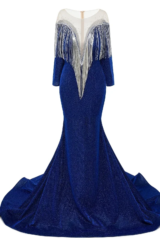 Deep V-neck Shiny Royal Blue Prom Dresses Long sleeves Mermaid Evening Party Dresses Tunics Modern contemporary Deep V-neck Shiny Royal Blue Prom Dresses Long sleeves Mermaid Evening Party Dresses Tunics Modern contemporary