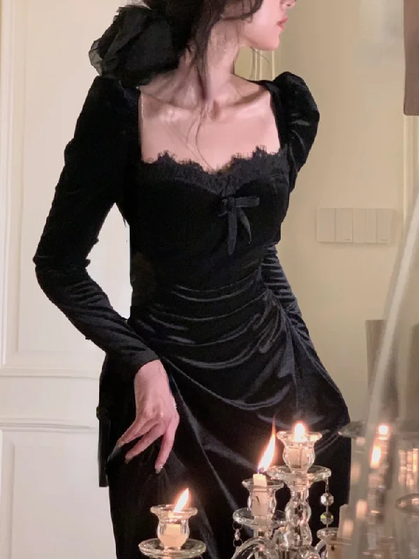 Autumn Black Velvet Midi Dress Casual Korean Fashion Elegant Party Dress Woman Long Sleeve Vintage Lace Dress Slim Design Tunics Essential wardrobe Autumn Black Velvet Midi Dress Casual Korean Fashion Elegant Party Dress Woman Long Sleeve Vintage Lace Dress Slim Design Tunics Essential wardrobe