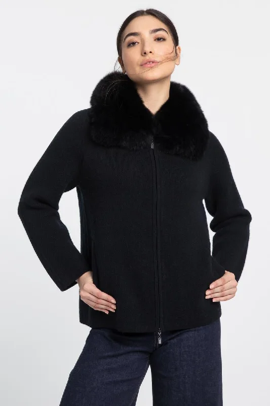 Kinross Cashmere Fox Fur Collar Zip Cardigan Neon metallic Matte