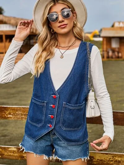 Blue Zone Planet | Pocketed Button Up Sleeveless Denim Jacket Cotton Fabric Linen Fabric Terry Fabric Blue Zone Planet | Pocketed Button Up Sleeveless Denim Jacket Cotton Fabric Linen Fabric Terry Fabric