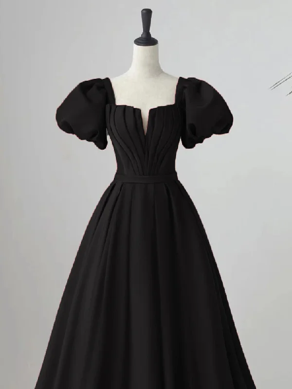 Black Satin Puffy Sleeves Long Evening Party Dress, Black Long Prom Dress Pleated Skirt Elegant Black Satin Puffy Sleeves Long Evening Party Dress, Black Long Prom Dress Pleated Skirt Elegant