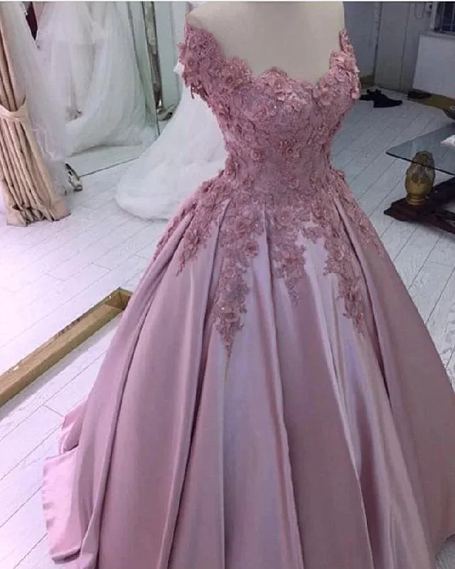 Pink Flowers Off Shoulder Satin Ball Gown Prom Dress, Pink Evening Dress Party Dress Tunics Gym athletic Pink Flowers Off Shoulder Satin Ball Gown Prom Dress, Pink Evening Dress Party Dress Tunics Gym athletic