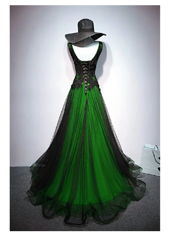Chaming Black and Green Tulle V-neckline Long Party Dress, V-neckline Prom Dresses Tunics Cozy comfortable Chaming Black and Green Tulle V-neckline Long Party Dress, V-neckline Prom Dresses Tunics Cozy comfortable