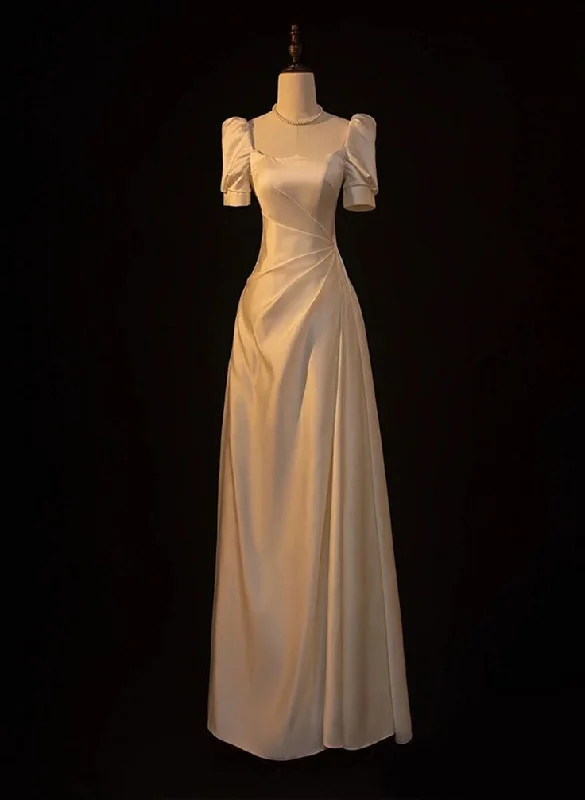 Elegant White Satin A-line Wedding Party Dress Long Prom Dress Evening Gown Square Neckline Feminine Elegant White Satin A-line Wedding Party Dress Long Prom Dress Evening Gown Square Neckline Feminine