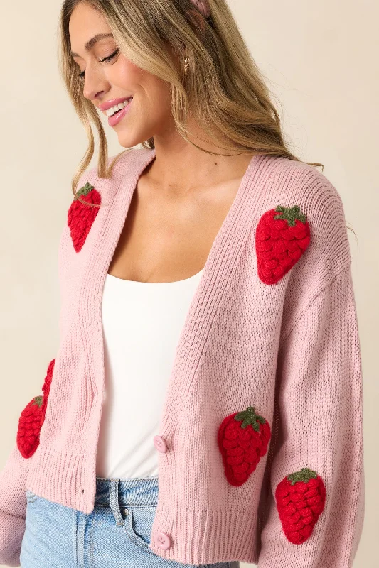 Strawberry Kiss Light Pink Knit Cardigan Solid Color Striped Floral Print
