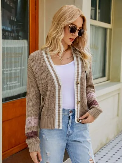 Contrast Button Up Dropped Shoulder Cardigan Boat Neck Shawl Collar Notched Collar