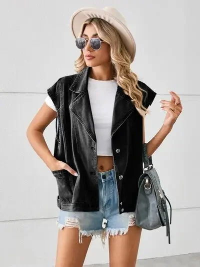 Blue Zone Planet | Pocketed Button Up Sleeveless Denim Jacket Cardigan Sweater Pullover Blue Zone Planet | Pocketed Button Up Sleeveless Denim Jacket Cardigan Sweater Pullover