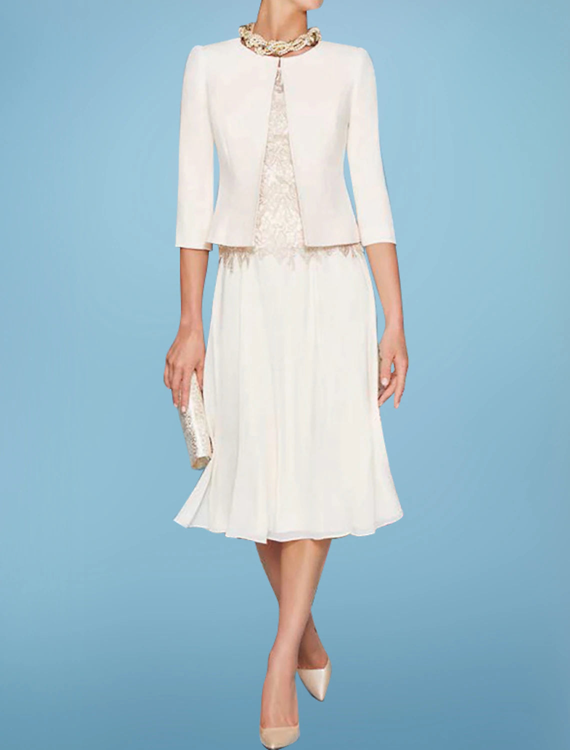 Two Piece Sheath / Column Mother of the Bride Dress Fall Wedding Guest Church Elegant Jewel Neck Knee Length Chiffon Satin Lace 3/4 Length Sleeve Short Jacket Dresses with Appliques Boat Neck Shawl Collar Notched Collar Two Piece Sheath / Column Mother of the Bride Dress Fall Wedding Guest Church Elegant Jewel Neck Knee Length Chiffon Satin Lace 3/4 Length Sleeve Short Jacket Dresses with Appliques Boat Neck Shawl Collar Notched Collar