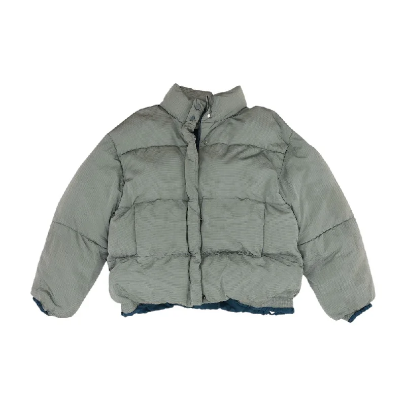 Gray Solid Puffer Jacket Zippered Front Buttoned Front Snap Front