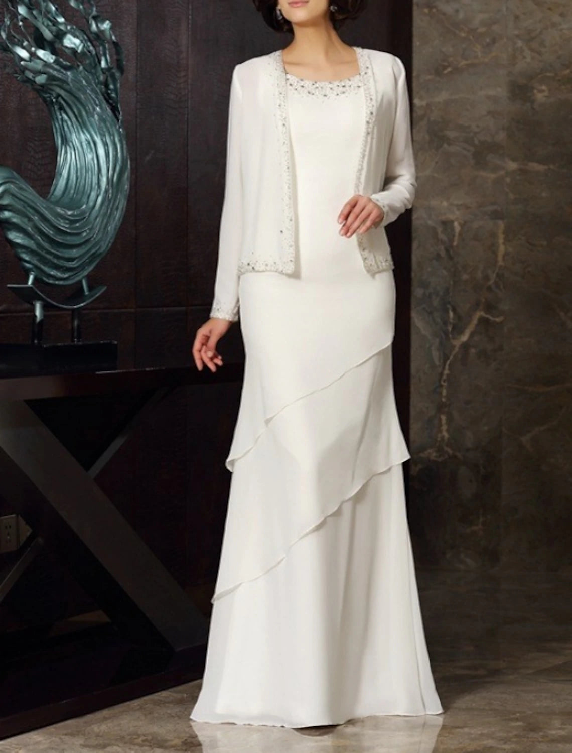 Two Piece Sheath / Column Mother of the Bride Dress Wedding Guest Plus Size Elegant Jewel Neck Floor Length Chiffon Long Sleeve Wrap Included Short Jacket Dresses with Beading Cascading Ruffles Fleece Jacket Down Jacket Parka Two Piece Sheath / Column Mother of the Bride Dress Wedding Guest Plus Size Elegant Jewel Neck Floor Length Chiffon Long Sleeve Wrap Included Short Jacket Dresses with Beading Cascading Ruffles Fleece Jacket Down Jacket Parka