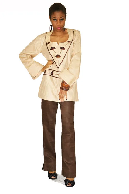 Brown Embroidered Voile Top with Linen Pants for Women Relaxed Lounge Trousers