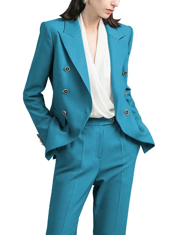 Blue 2 Piece Double Breasted Peak Lapel Women's Suit (Blazer+Pants) Casual Plaid Pants