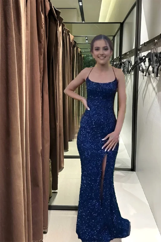 Navy Blue Sequin Long Prom Dresses Mermaid Cross Back Evening Party Dresses Tunics Designer luxury Navy Blue Sequin Long Prom Dresses Mermaid Cross Back Evening Party Dresses Tunics Designer luxury