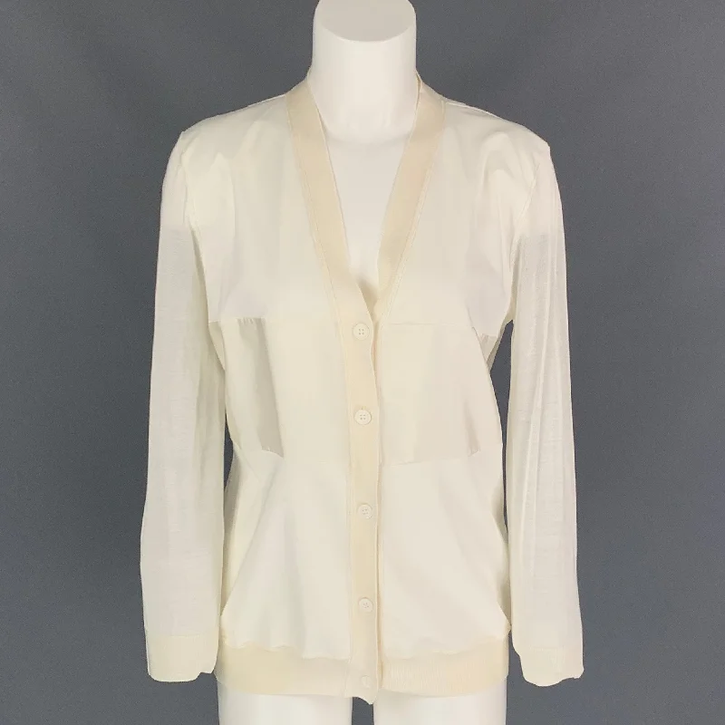 JIL SANDER Size 4 Cream Silk / Cotton Cardigan Boxy Cardigan Fitted Cardigan A-Line