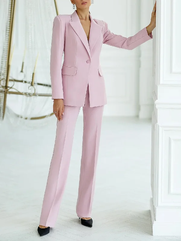 2 Piece Solid Color Business Casual Slim Fit Women's Suit (Blazer+Pants) Classic Pleated Pants