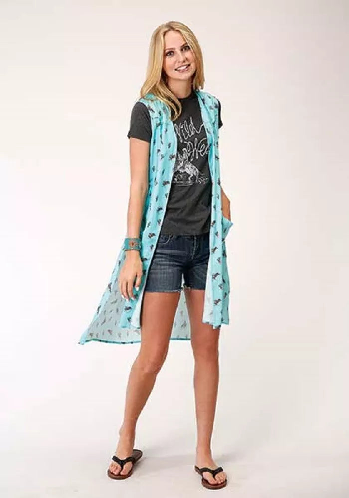 Roper Women's COWBOY CACTUS PRINT WOVEN CARDIGAN Welt Pockets Slit Pockets Flap Pockets Roper Women's COWBOY CACTUS PRINT WOVEN CARDIGAN Welt Pockets Slit Pockets Flap Pockets
