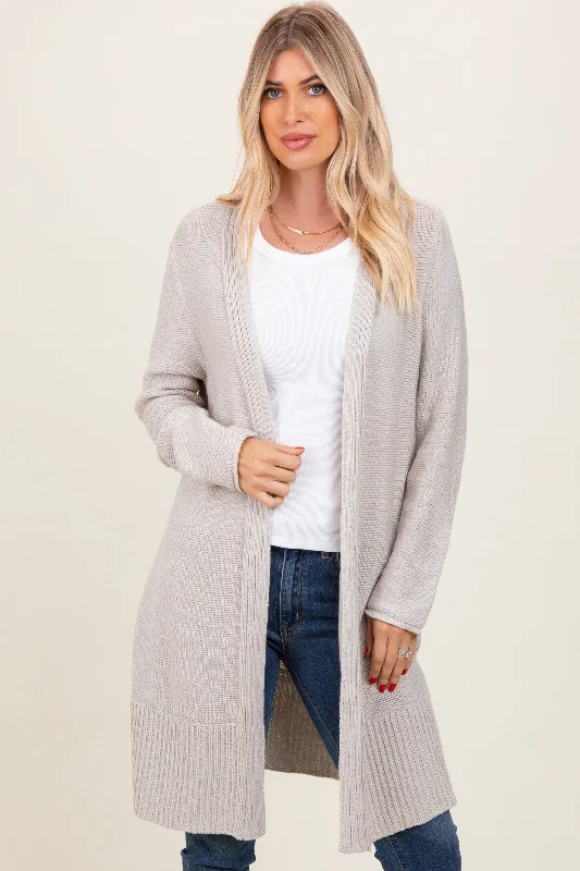 Cream Contrast Rib Long Open Cardigan Transparent Opaque Sheer