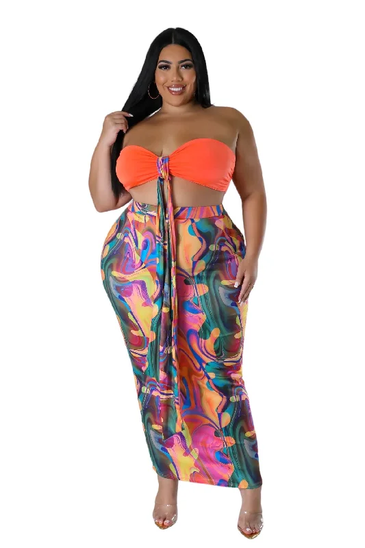Final Sale Plus Size 2pc Set in Orange Multi-Color Skirt & Top ruffled skirt detail
