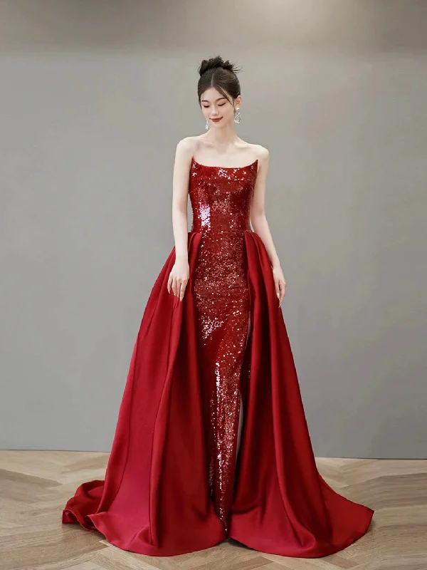 Burgundy Satin Sequins Long Prom Party Dress Tunics Cozy comfortable