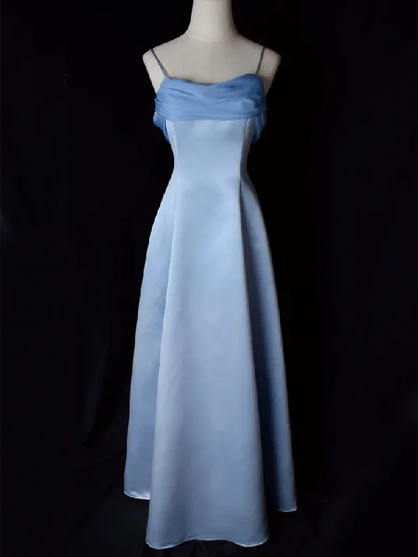 Elegant Blue Satin Spaghetti Straps Evening Gown A Line Long Party Dress Prom Dress Boatneck Modish Everyday Elegant Blue Satin Spaghetti Straps Evening Gown A Line Long Party Dress Prom Dress Boatneck Modish Everyday