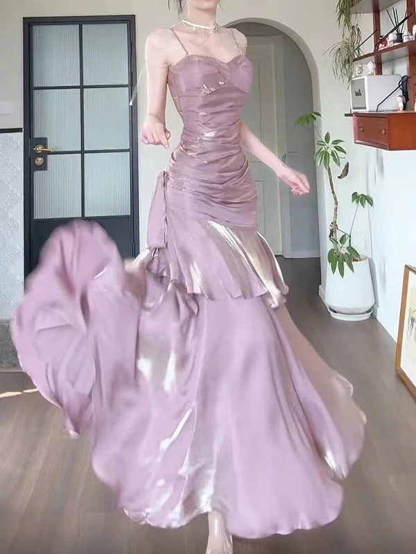 Pink Satin Straps Long Party Dress, Pink Satin Chic Prom Dress Evening Dress Tunics New arrival Pink Satin Straps Long Party Dress, Pink Satin Chic Prom Dress Evening Dress Tunics New arrival