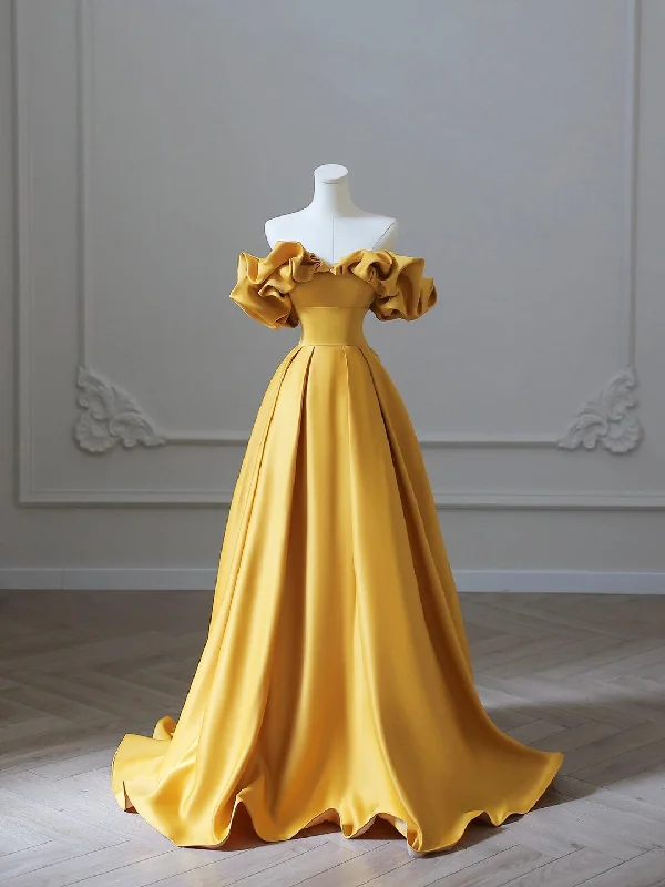 Yellow Saitn Long Prom Dress, Off Shoulder Evening Party Dress Tunics Top rated
