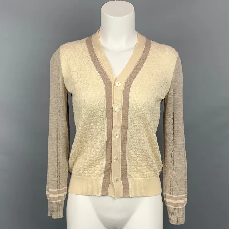 COMME des GARCONS TRICOT Size M Taupe & Cream Textured Knit Cardigan Chenille Brocade Lace