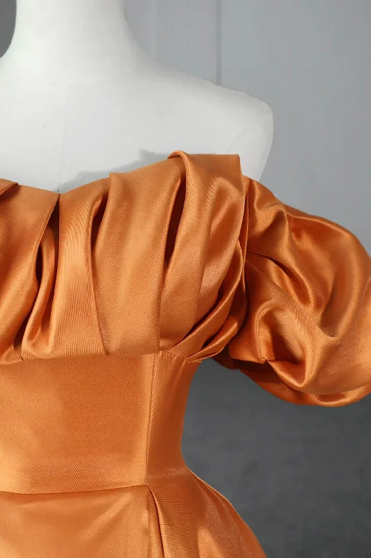 Orange Satin A-Line Floor Length Prom Dress, Off the Shoulder Evening Party Dress Tunics Satin smooth Orange Satin A-Line Floor Length Prom Dress, Off the Shoulder Evening Party Dress Tunics Satin smooth