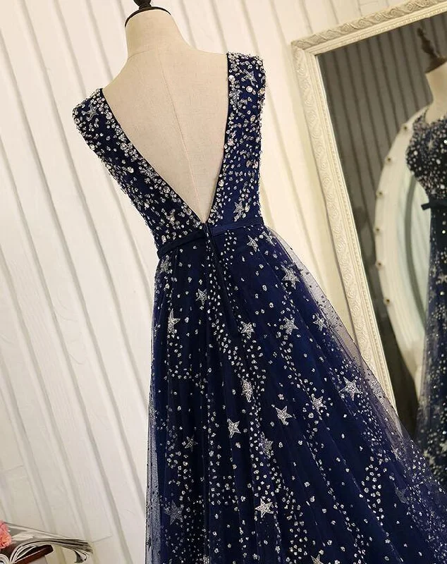 Navy Blue Shiny Tulle A-line Round Neckline Long Party Dress, Blue Prom Dresses Tunics Modern contemporary Navy Blue Shiny Tulle A-line Round Neckline Long Party Dress, Blue Prom Dresses Tunics Modern contemporary