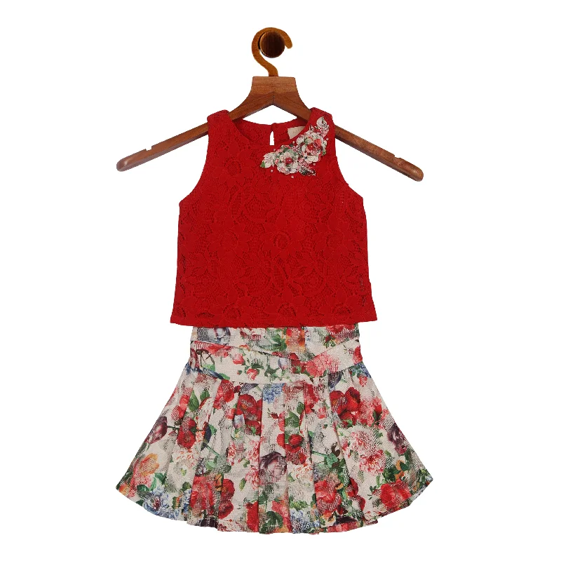 Floral Sleeveless Skirt Set With Lace Flower Detailing corduroy skirt cozy