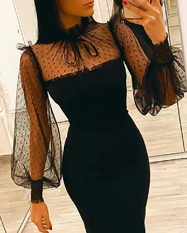 DOT MESH LANTERN SLEEVE PARTY DRESS Tunics Luxurious premium