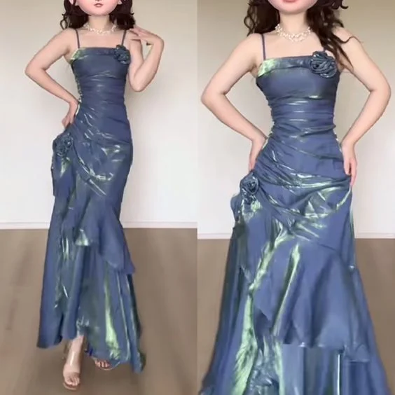 Mermaid Spaghetti Straps Prom Dresses Blue Party Dress A-Line Day Work