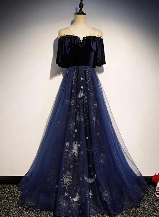 Navy Blue Velvet and Tulle Long Party Dress A-line Blue Evening Dress prom dresses shops Tunics Recommended stylist Navy Blue Velvet and Tulle Long Party Dress A-line Blue Evening Dress prom dresses shops Tunics Recommended stylist